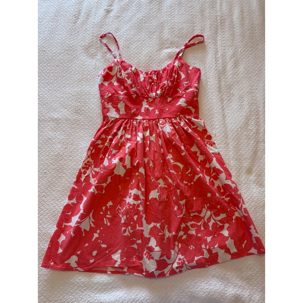 B. Smart Red White Floral Smocked Empire Waist Sun Dress Size 9